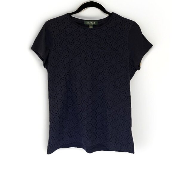 Ralph Lauren Womens Top Sz PM Lace Front Navy Classic Workwear Casual Preppy‎ - Picture 1 of 8
